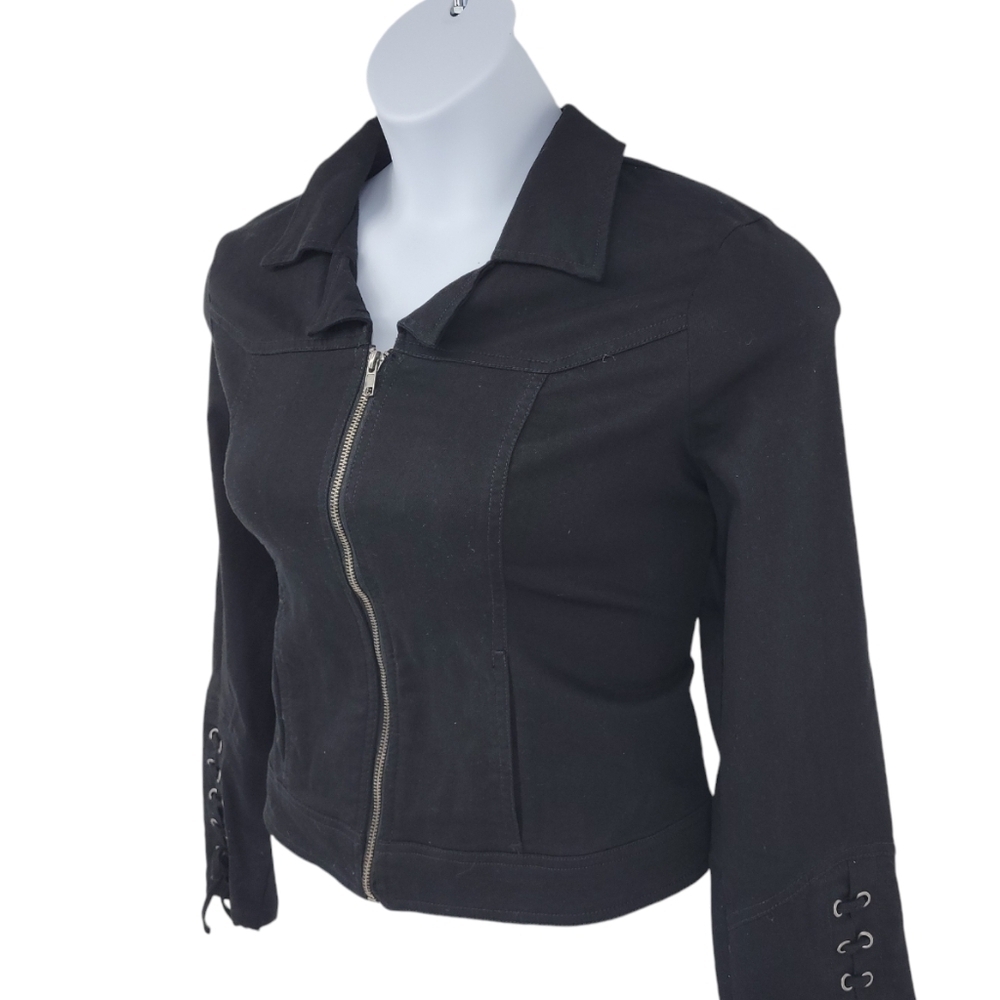 Baccini Womens Black Denim Jacket With Lace Up Wrist Size PXL‎